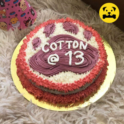 pet cake for dog and cats, 6 inch, red border with purple paw print design cake