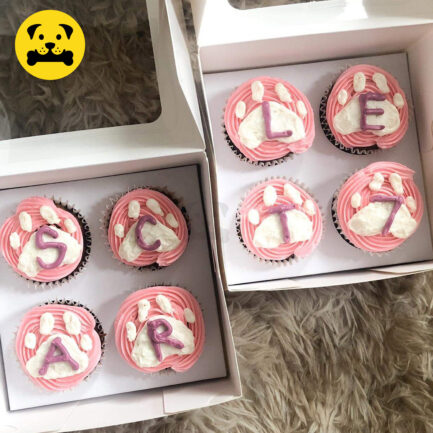 pink pupcakes with pwa print design and dedication written Scarlet 7